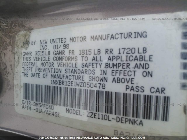 1NXBR12E1WZ050478 - 1998 TOYOTA COROLLA VE/CE/LE 棕色 照片 9