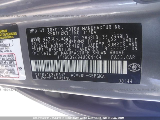 4T1BE32K94U861164 - 2004 TOYOTA CAMRY LE/XLE/SE ნაცრისფერი ფოტო 9