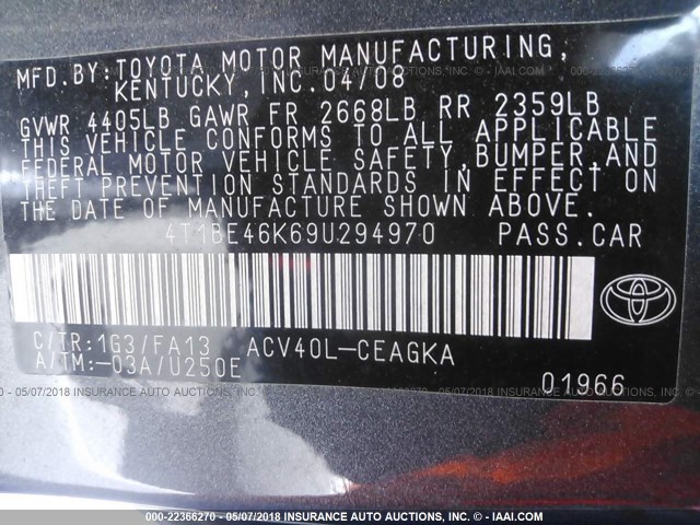 4T1BE46K69U294970 - 2009 TOYOTA CAMRY SE/LE/XLE GRAY photo 9