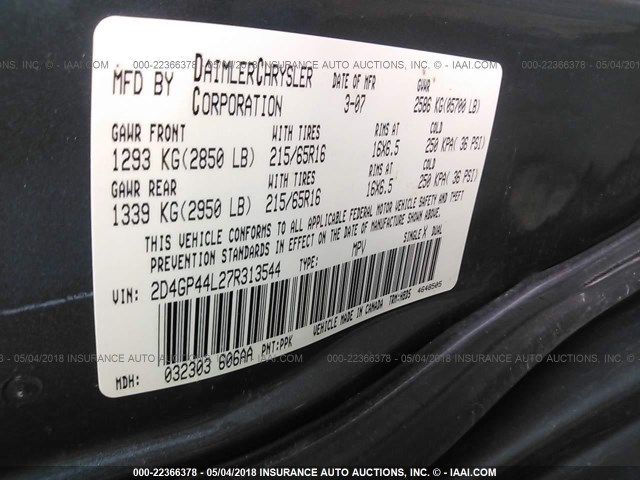 2D4GP44L27R313544 - 2007 DODGE GRAND CARAVAN SXT GRAY photo 9