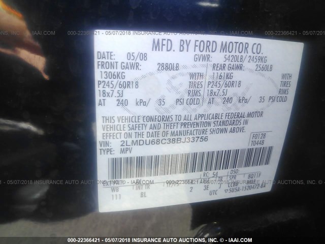 2LMDU68C38BJ33756 - 2008 LINCOLN MKX BLACK photo 9