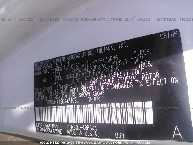 5TBRU34126S471033 - 2006 TOYOTA TUNDRA ACCESS CAB SR5 WHITE photo 9