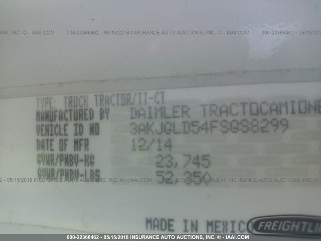 3AKJGLD54FSGS8299 - 2015 FREIGHTLINER CASCADIA 125  WHITE photo 10