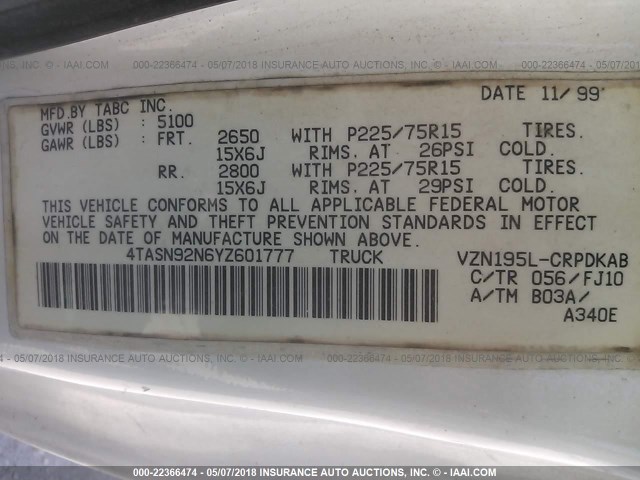 4TASN92N6YZ601777 - 2000 TOYOTA TACOMA XTRACAB PRERUNNER თეთრი ფოტო 9