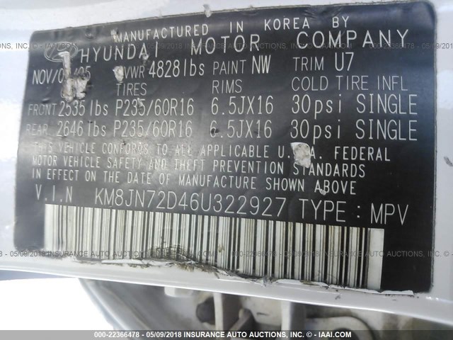 KM8JN72D46U322927 - 2006 HYUNDAI TUCSON GLS/LIMITED თეთრი ფოტო 9