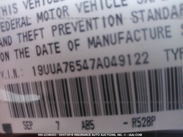 19UUA76547A049122 - 2007 ACURA TL TYPE S RED photo 9