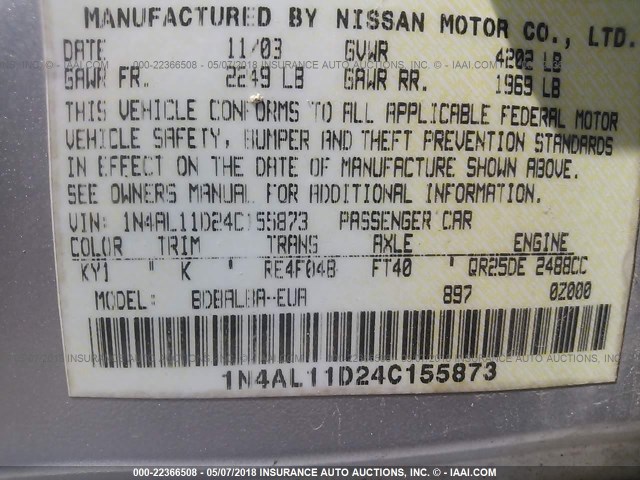 1N4AL11D24C155873 - 2004 NISSAN ALTIMA S/SL SILVER photo 9