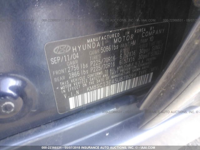 KM8SC13E45U878099 - 2005 HYUNDAI SANTA FE GLS/LX BLUE photo 9