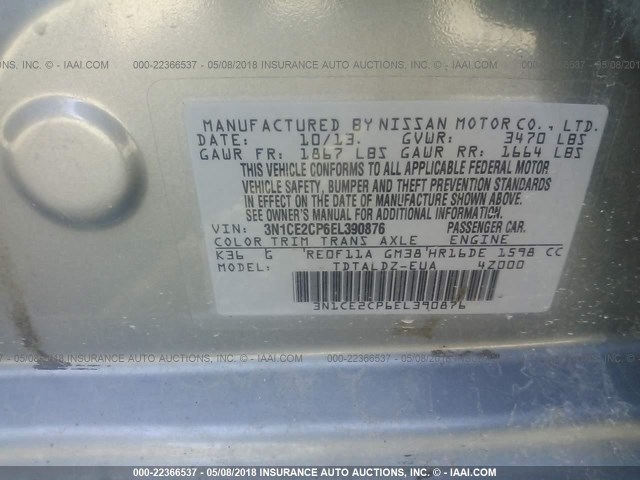 3N1CE2CP6EL390876 - 2014 NISSAN VERSA NOTE S/S PLUS/SV/SL GRAY photo 9