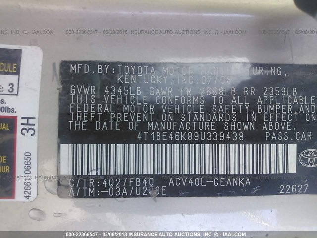 4T1BE46K89U339438 - 2009 TOYOTA CAMRY SE/LE/XLE BEIGE photo 9