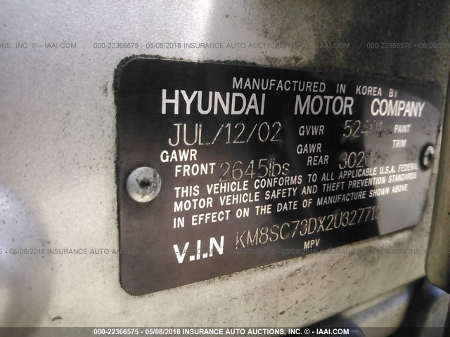 KM8SC73DX2U327715 - 2002 HYUNDAI SANTA FE GLS/LX SILVER photo 9