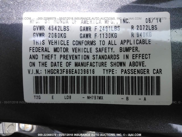 1HGCR3F86EA039616 - 2014 HONDA ACCORD EXL GRAY photo 9