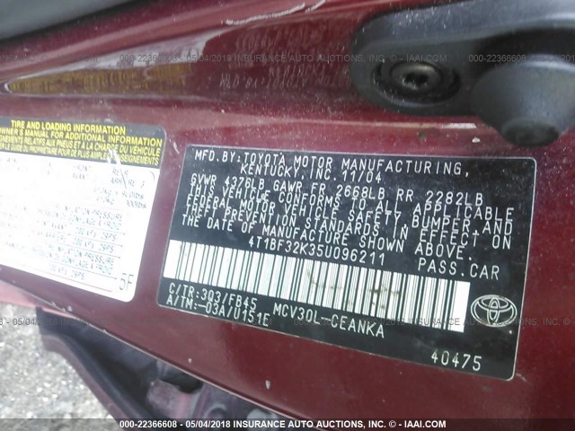 4T1BF32K35U096211 - 2005 TOYOTA CAMRY LE/XLE/SE მუქწითელი ფოტო 9