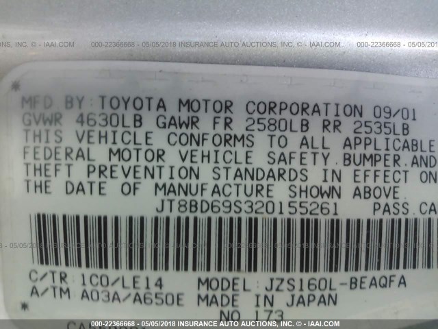 JT8BD69S320155261 - 2002 LEXUS GS 300 SILVER photo 9