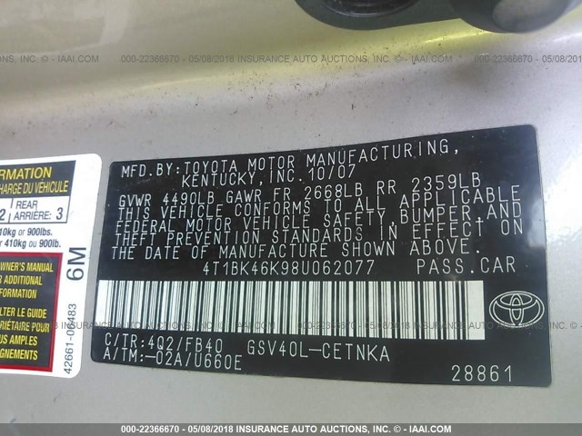 4T1BK46K98U062077 - 2008 TOYOTA CAMRY LE/XLE/SE BEIGE photo 9