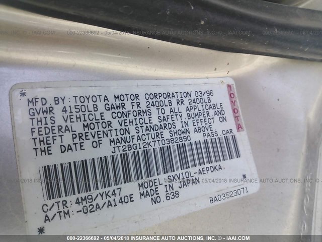 JT2BG12K7T0382890 - 1996 TOYOTA CAMRY DX/LE/XLE GOLD photo 9
