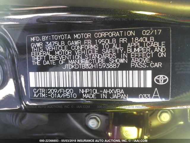 JTDKDTB32H1593887 - 2017 TOYOTA PRIUS C BLACK photo 9