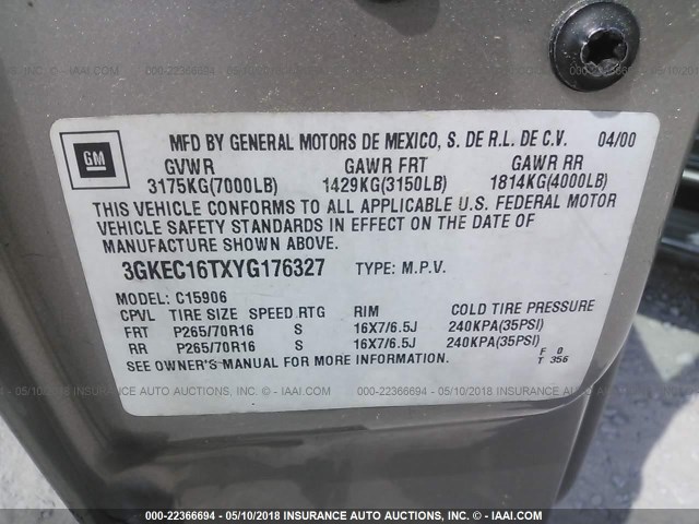 3GKEC16TXYG176327 - 2000 GMC YUKON XL C1500 Pewter photo 9