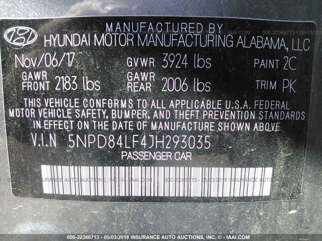 5NPD84LF4JH293035 - 2018 HYUNDAI ELANTRA SEL/VALUE/LIMITED GRAY photo 9