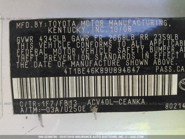 4T1BE46K89U894647 - 2009 TOYOTA CAMRY SE/LE/XLE SILVER photo 9