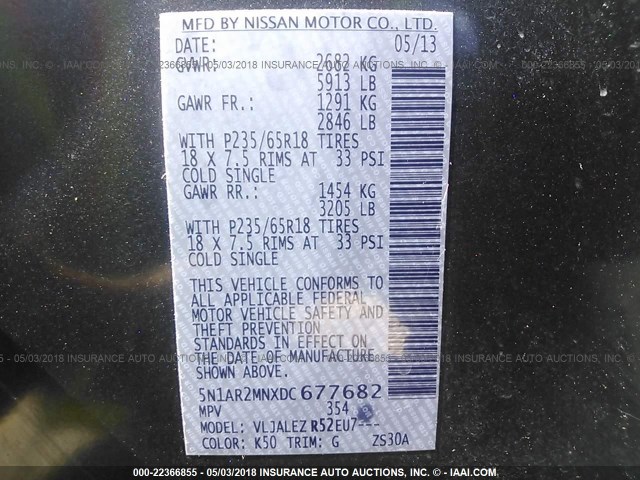 5N1AR2MNXDC677682 - 2013 NISSAN PATHFINDER S/SV/SL/PLATINUM 灰色 照片 9