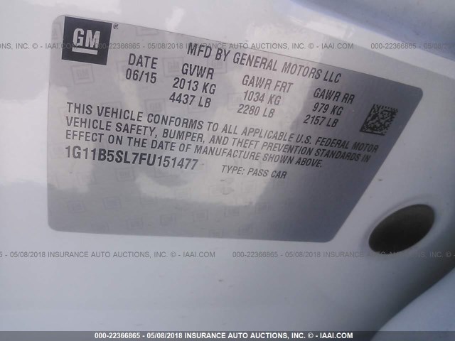 1G11B5SL7FU151477 - 2015 CHEVROLET MALIBU LS WHITE photo 9