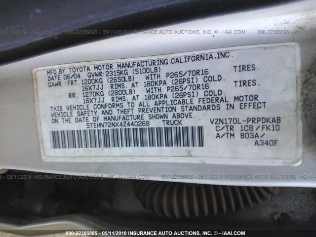 5TEHN72NX4Z440268 - 2004 TOYOTA TACOMA DOUBLE CAB ვერცხლისფერი ფოტო 9