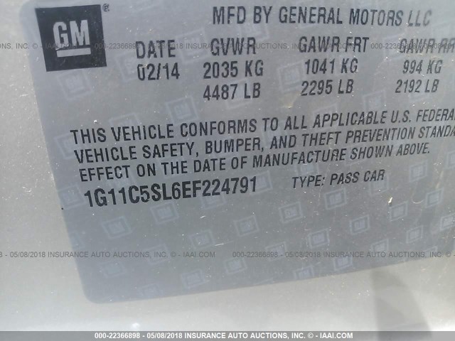 1G11C5SL6EF224791 - 2014 CHEVROLET MALIBU 1LT 灰色 照片 9