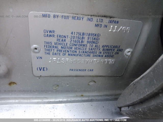 JF1SF6558YH729770 - 2000 SUBARU FORESTER S GRAY photo 9