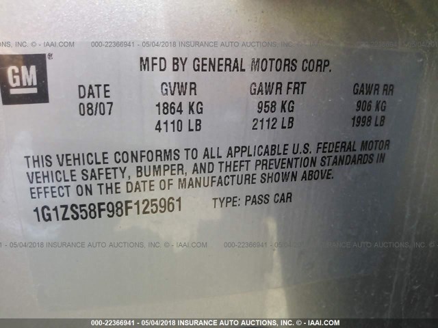 1G1ZS58F98F125961 - 2008 CHEVROLET MALIBU LS ვერცხლისფერი ფოტო 9