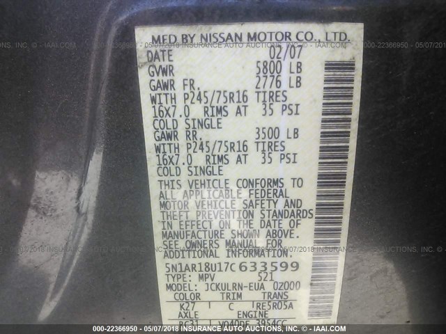 5N1AR18U17C633599 - 2007 NISSAN PATHFINDER LE/SE/XE GRAY photo 9