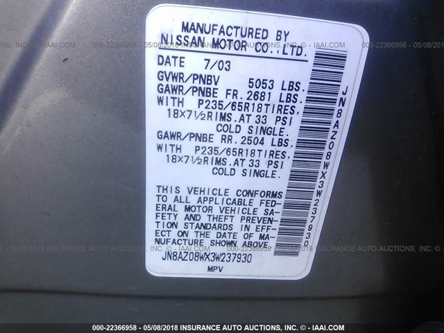 JN8AZ08WX3W237930 - 2003 NISSAN MURANO SL/SE GRAY photo 9