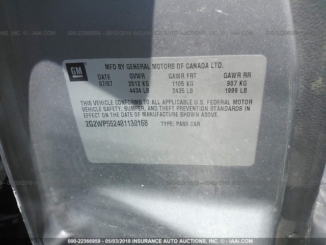 2G2WP552481130168 - 2008 PONTIAC GRAND PRIX GRAY photo 9