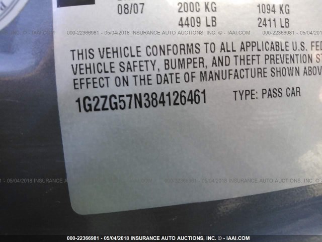 1G2ZG57N384126461 - 2008 PONTIAC G6 SE GRAY photo 9