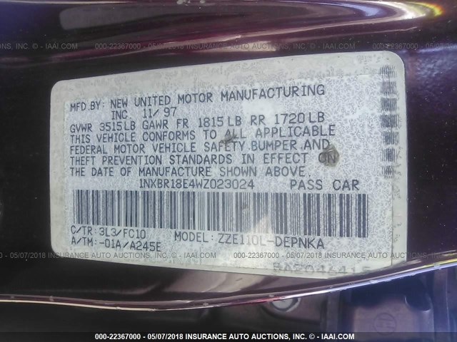 1NXBR18E4WZ023024 - 1998 TOYOTA COROLLA VE/CE/LE 勃艮第红 照片 9