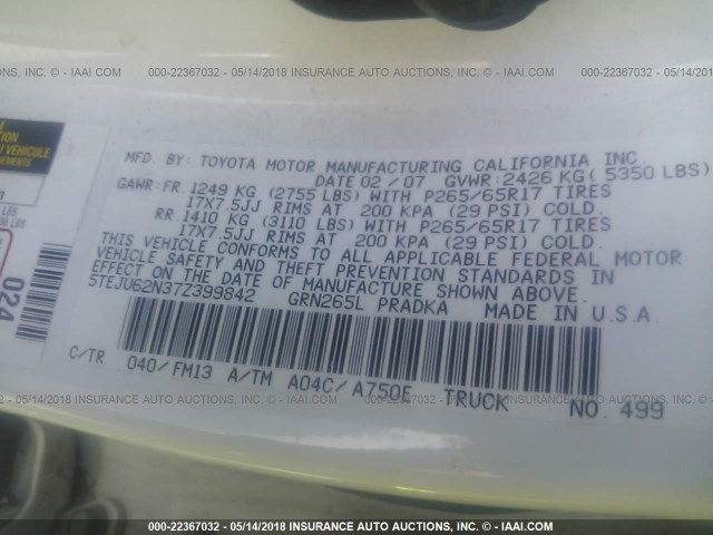 5TEJU62N37Z399842 - 2007 TOYOTA TACOMA DOUBLE CAB PRERUNNER WHITE photo 9