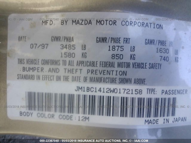 JM1BC1412W0172158 - 1998 MAZDA PROTEGE DX/LX/ES GOLD photo 9