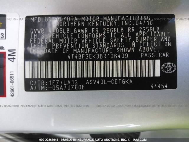 4T4BF3EK3BR106409 - 2011 TOYOTA CAMRY SE/LE/XLE SILVER photo 9
