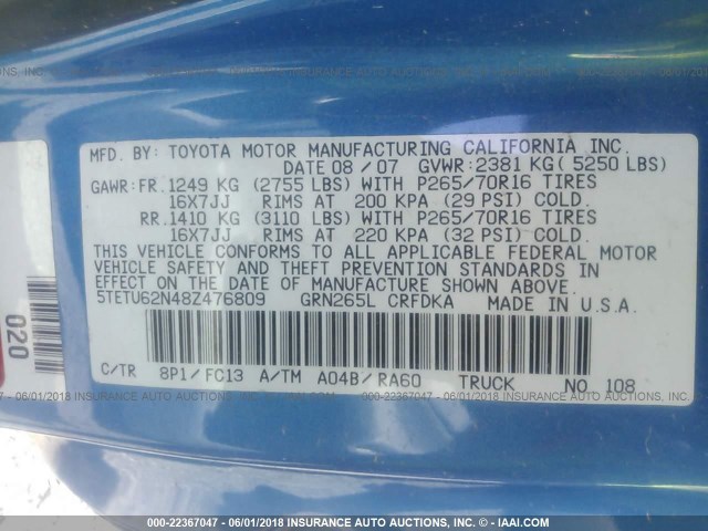 5TETU62N48Z476809 - 2008 TOYOTA TACOMA PRERUNNER ACCESS CAB BLUE photo 9