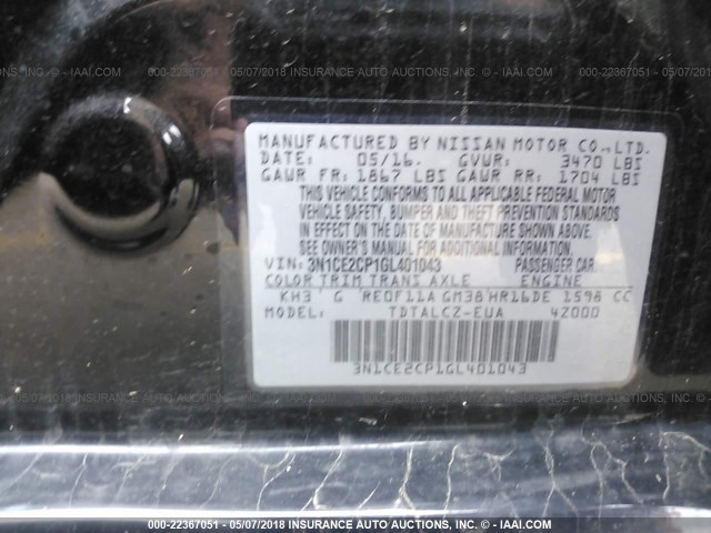 3N1CE2CP1GL401043 - 2016 NISSAN VERSA NOTE S/S PLUS/SV/SL/SR BLACK photo 9