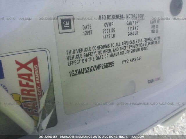 1G2WJ52KXWF266395 - 1998 PONTIAC GRAND PRIX SE WHITE photo 9