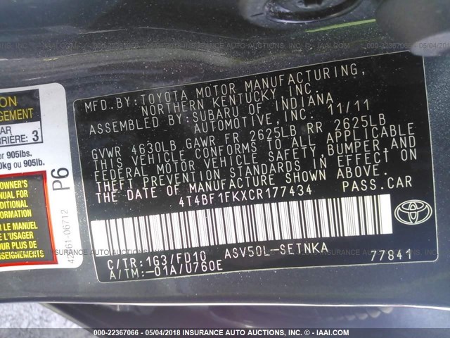 4T4BF1FKXCR177434 - 2012 TOYOTA CAMRY SE/LE/XLE GRAY photo 9