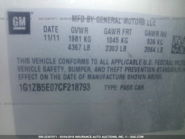 1G1ZB5E07CF218793 - 2012 CHEVROLET MALIBU LS GOLD photo 9