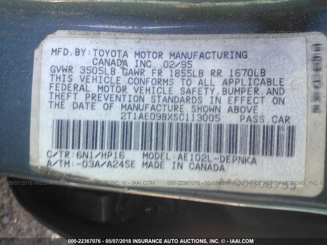 2T1AE09BXSC113005 - 1995 TOYOTA COROLLA LE/DX GREEN photo 9