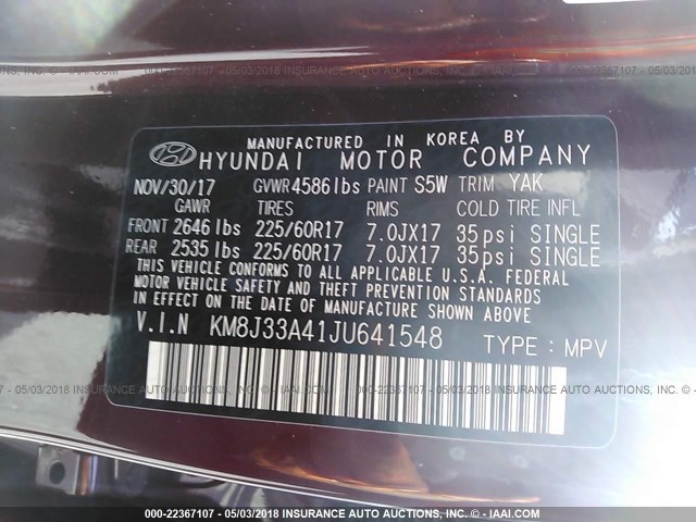 KM8J33A41JU641548 - 2018 HYUNDAI TUCSON LIMITED/SPORT AND ECO/SE BURGUNDY photo 9