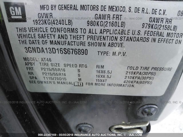 3GNDA13D16S676890 - 2006 CHEVROLET HHR LS BLACK photo 9