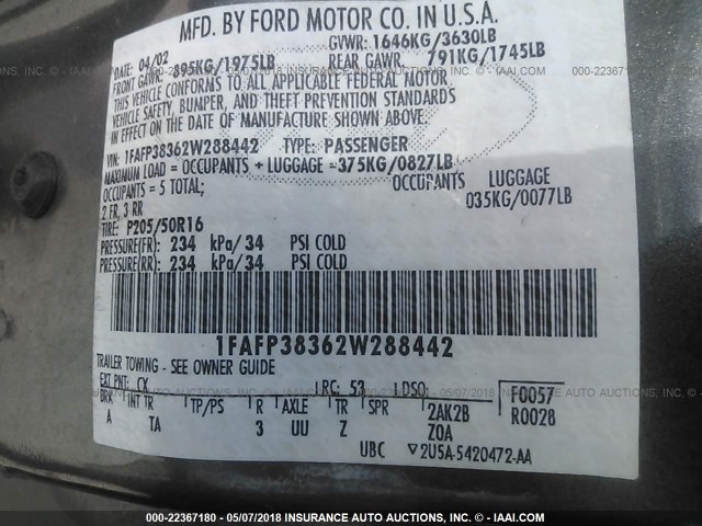 1FAFP38362W288442 - 2002 FORD FOCUS ZTS GRAY photo 9