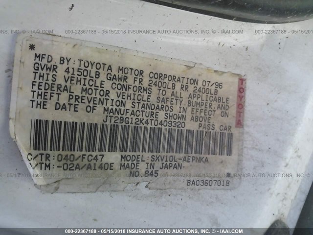 JT2BG12K4T0409320 - 1996 TOYOTA CAMRY DX/LE/XLE თეთრი ფოტო 9