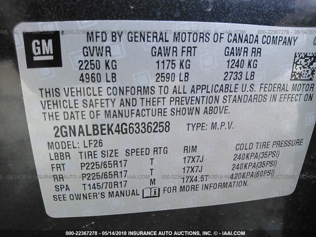 2GNALBEK4G6336258 - 2016 CHEVROLET EQUINOX LS GRAY photo 9