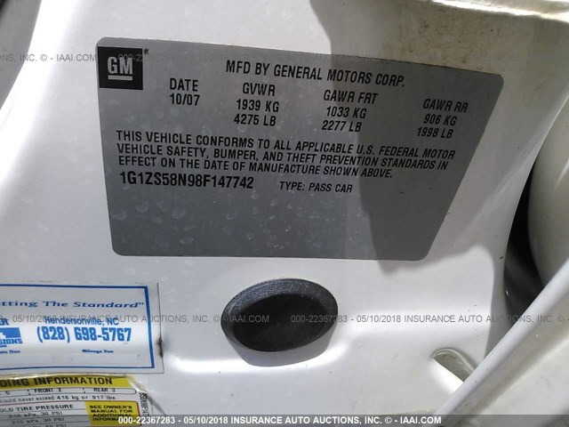 1G1ZS58N98F147742 - 2008 CHEVROLET MALIBU LS 白色 照片 9